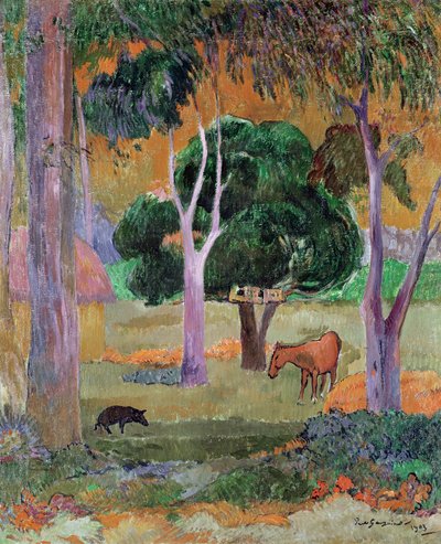 Dominikansk landskap eller, landskap med gris og hest, 1903 av Paul Gauguin