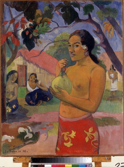 ""Eu haere ia oe"" Hvor skal du? (Woman Holding a Fruit. Where Are You Going?) (Tahitiansk kvinne som holder en frukt) Maleri av Paul Gauguin (1848-1903). Olje på lerret. Post-impresjonisme. 1893. Mål 92 x 73 cm Eremitagemuseet, St. Petersburg (Saint-Peter av Paul Gauguin