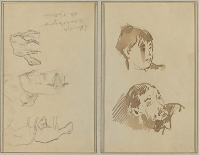 Fem sauer; Hodet til en kvinne og hodet til en skjegget mann [recto] av Paul Gauguin