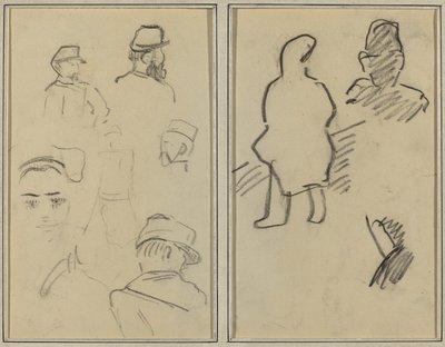Fem studier av soldater og en kvinnes ansikt; To figurer [recto] av Paul Gauguin