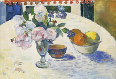 Blomster og en bolle frukt på et bord av Paul Gauguin