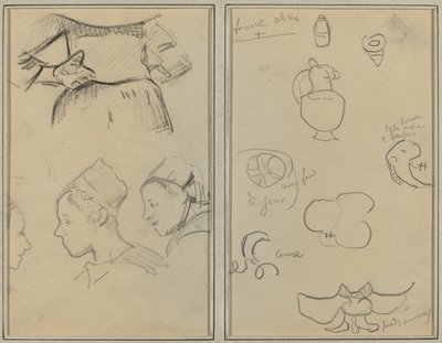 Fire studier av bretonske kvinner; Former og vaser [verso] av Paul Gauguin