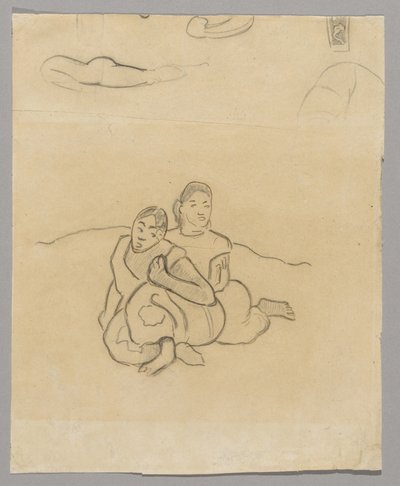 Fragmenter av kropper, et dekorativt design og to hukende tahitiske kvinner i et landskap relatert til Nafea Faaipoipo av Paul Gauguin