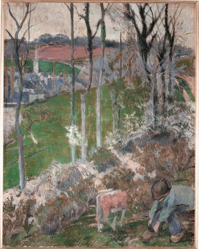 Vinter. Liten bretonsk mann som fikser treskoen sin (olje på lerret) av Paul Gauguin