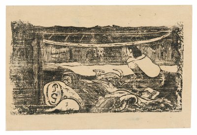Interiør av en Tahitian Hut, fra Suite of Late Wood-Block Prints av Paul Gauguin