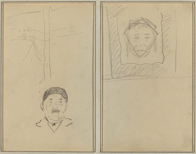 Landskap og menneskets hode; Head of Monkey Inside a Square [recto] av Paul Gauguin