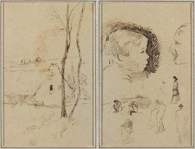 Landskap med hytte; Profil av gutt, profil av mann, to kvinner i et landskap, og fem andre studier [verso] av Paul Gauguin