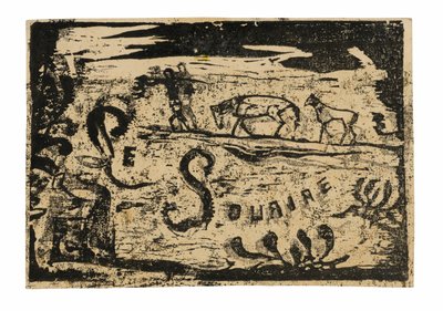 Mann som bærer bananer etterfulgt av to hester, hodeplagg for Le sourire av Paul Gauguin