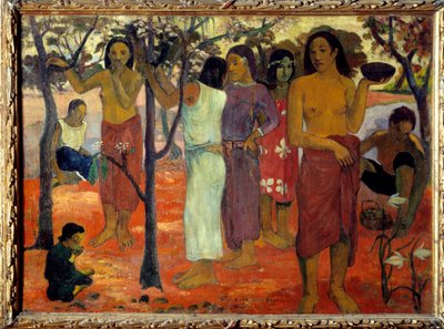 Nave nave mahana (Delicious Days). Tahitiske kvinner i en hage. Maleri av Paul Gauguin (1848-1903) 1896 Søn. 0,94 x 1,3 m Lyon, musee des Beaux Arts - Nave Nave Mahana også kjent som "" Deilig dag"". En gruppe tahitiske kvinner i en hag av Paul Gauguin