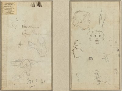 Sittende figur og en ku; Tre studier av et barnehode av Paul Gauguin