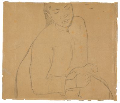 Sittende Tahitian Woman (relatert til maleriet Te faaturuma [Reverie]) av Paul Gauguin