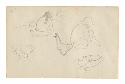 Skisser av sittende figurer og kyllinger (recto), naken kvinnelig overkropp (relatert til maleriet Te a no areois [The Seed of the Areoi]) (verso), fra Carnet de Tahiti (tahitisk skissebok) av Paul Gauguin
