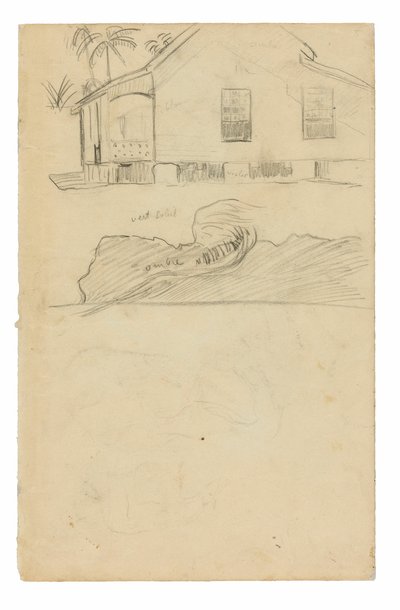 Skisser av Tahitian Residence med fargenotasjoner og hunder av Paul Gauguin
