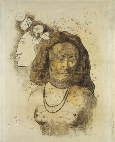 Tahitisk kvinne med ond ånd, ca. 1899-1900 (monotypi med akvarell på papir) av Paul Gauguin