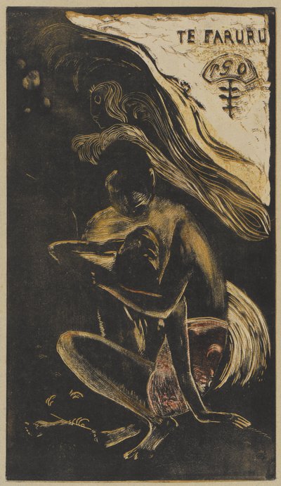 Te Faruru (Her elsker vi), vinteren 1893–94 (tresnitt trykt i svart, lysebrunt, gult og rødt på kremfarget vevd papir montert på beige papp) av Paul Gauguin