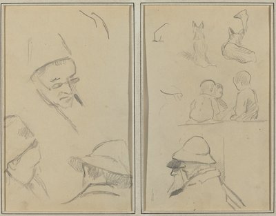 Tre studier av menns hoder, en med briller; Hunder, barn og to skjeggete menn i profil [verso] av Paul Gauguin
