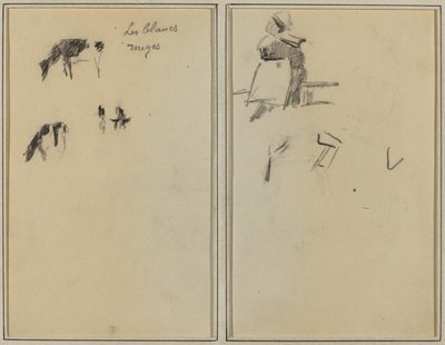 To kyr; En sittende bretonsk kvinne [verso] av Paul Gauguin