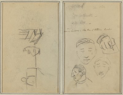 To figurer og en benk; Tre studier av menns hoder og en av en hånd [recto] av Paul Gauguin