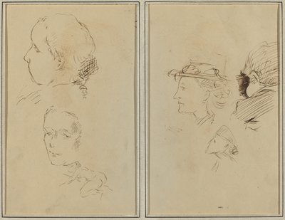 To hodestudier og en hukende naken kvinne; To kvinnehoder og et barns hode [recto] av Paul Gauguin