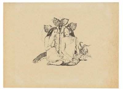 To maori kvinner sitter på huk av Paul Gauguin