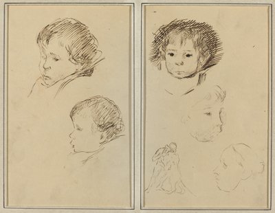 To studier av et barnehode; To studier av et barnehode, en kvinne i profil og en mann som bryter et dyr [recto] av Paul Gauguin
