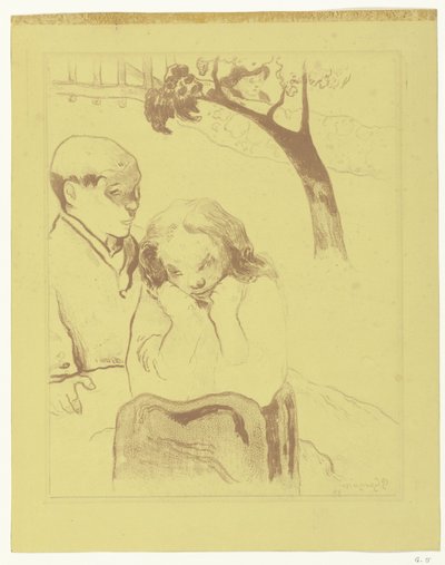 Trist kvinne som sitter med en mann Menneskelig lidelse Miseres humaines av Paul Gauguin