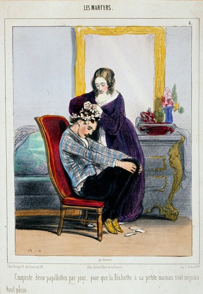 En mor setter krølltang på sønnen. Tegneserie av Paul Gavarni (1804-1866) Paris fra 1800-tallet, dekorativ kunst av Paul Gavarni