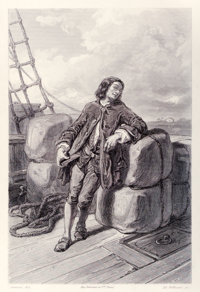 Kaptein Lemuel Gulliver til sjøs på handelsskipet sitt, fra French Edition of Gullivers Travels av Jonathan Swift av Paul Gavarni