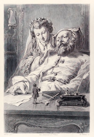 Frontispice fra den franske utgaven av Gullivers Travels av Jonathan SwiftJeg svarte riktig på Kings-spørsmålene Gulliver og kongen og dronningen av Brobdingnag. av Paul Gavarni