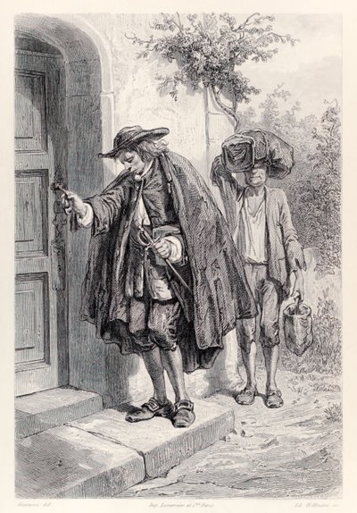 Gulliver kommer hjem klokken tre om ettermiddagen og går inn i huset, fra French Edition of Gullivers Travels av Jonathan Swift av Paul Gavarni
