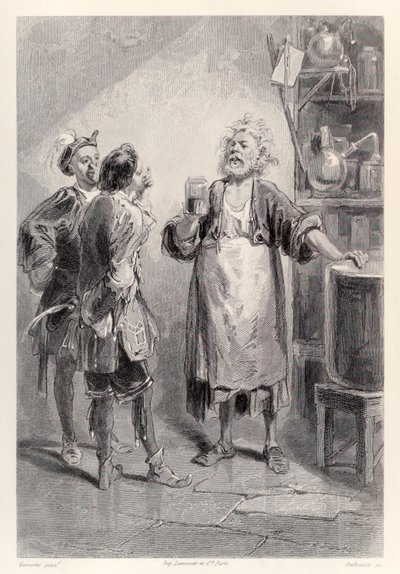 Gulliver kommer inn i et rom i det store akademiet i Lagado fylt med en frastøtende lukt, fra den franske utgaven av Gullivers Travels av Jonathan Swift av Paul Gavarni