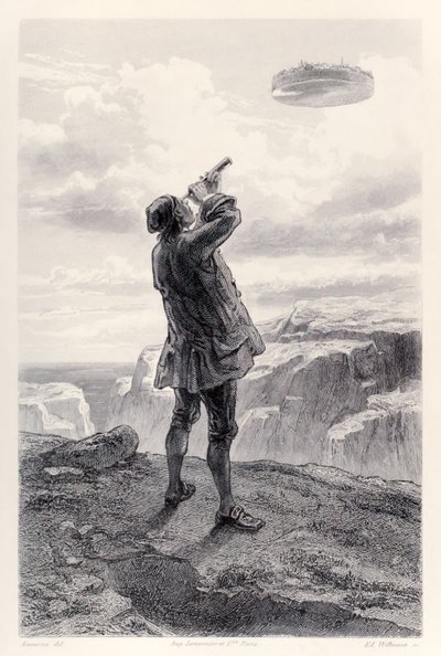 Gulliver ser den flygende øya Laputa for første gang, og undersøker den gjennom teleskopet sitt, fra den franske utgaven av Gullivers Travels av Jonathan Swift av Paul Gavarni