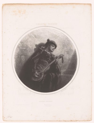 Mann med banjo synger og spiller en serenade Sérénade espagnole (tittel på objekt) Illustrasjoner til sangene til Jeanne Gavarni (serietittel) Illustrations des Mélodies de Madame Jeanne Gavarni (serietittel) av Paul Gavarni