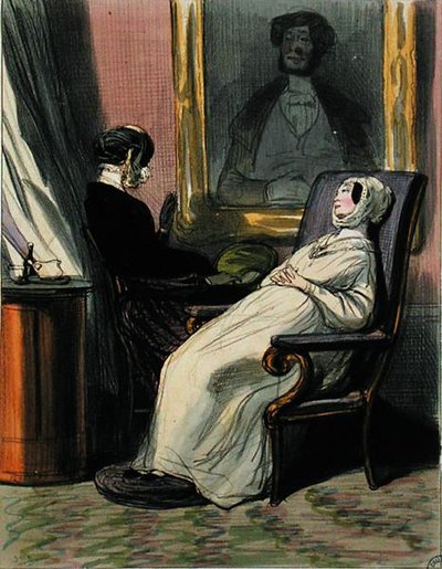 Gravid kvinne med moren (farge litho) av Paul Gavarni