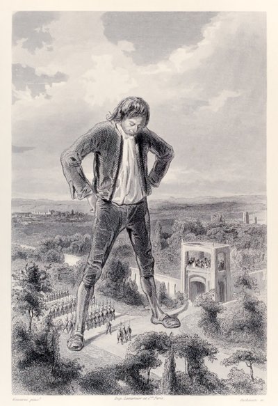 Den lilliputiske hæren marsjerer mellom beina på Gulliver, fra den franske utgaven av Gullivers Travels av Jonathan Swift av Paul Gavarni