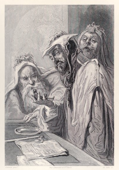 Forskerne på Lordbruldrud undersøker Gulliverf fra den franske utgaven av Gullivers Travels av Jonathan Swift av Paul Gavarni