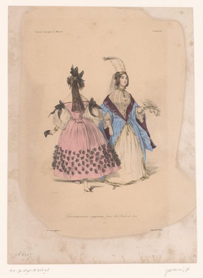 To kvinner i ballkjoler Transvestissemens originaux pour les Bals de 1834 (tittel på objekt) Fantasifulle klær (serietittel) Fantaisies (serietittel på objekt) av Paul Gavarni