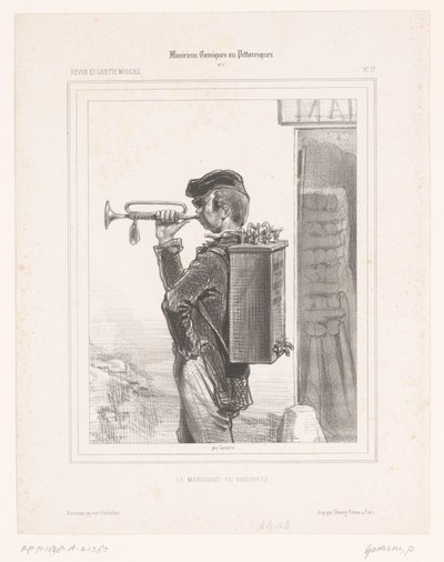 Verkoper van taps speelt trompet The Merchant of taps (tittel på objekt) Komische muzikanten (serietittel) Comical or Picturesque Musicians (serietittel på objekt) av Paul Gavarni