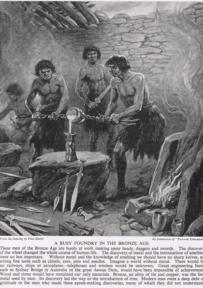 A Busy Foundry in the Bronse Age, illustrasjon fra 'The Story of the British People', ca. 1950 av Paul Hardy