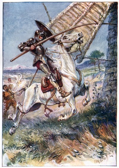 Og kjører lansen inn i seilet, illustrasjon fra «The Adventures of Don Quixote», utgitt av G. Bell und Sons, Ltd., 1911 av Paul Hardy
