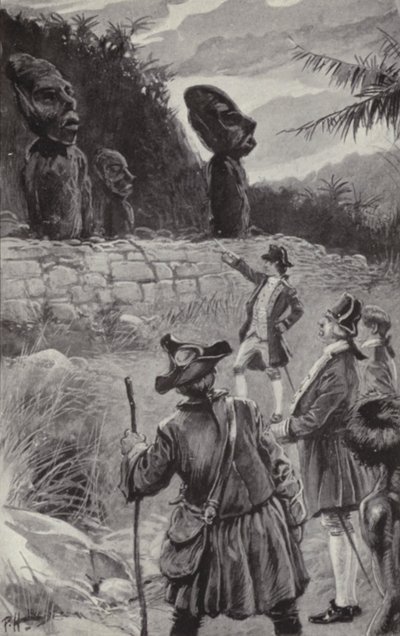 Undersøker statuene på Påskeøya (litho) av Paul Hardy