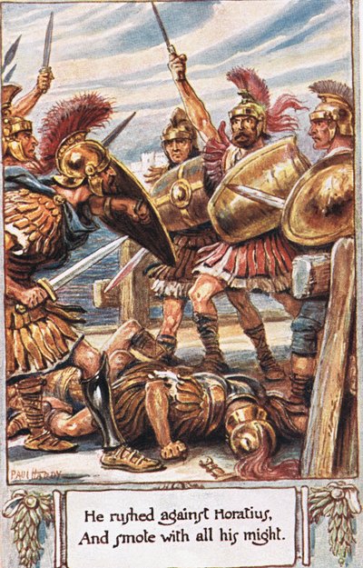 Han stormet mot Horatius og slo ham med all sin makt, illustrasjon fra "The Lays of Ancient Rome", av Thomas Babington Macaulay av Paul Hardy