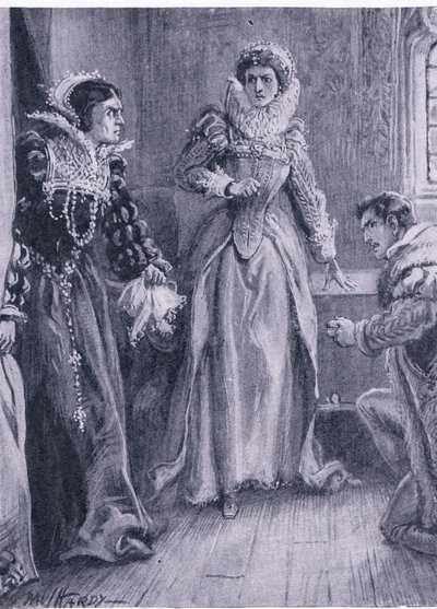 Dronning Mary Elizabeth og Courtenay Jeg vil svare på det spørsmålet ropte Mary og kastet Arras til side, illustrasjon fra The Worlds Library of Best Books, ca. 1940 av Paul Hardy