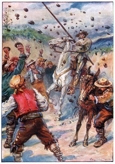 De kastet en dusj av steiner på Don Quixote, illustrasjon fra «The Adventures of Don Quixote», utgitt av G. Bell & Sons, Ltd. av Paul Hardy