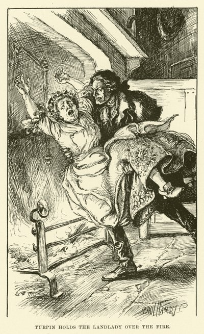 Turpin holder utleieren over ilden (gravering) av Paul Hardy