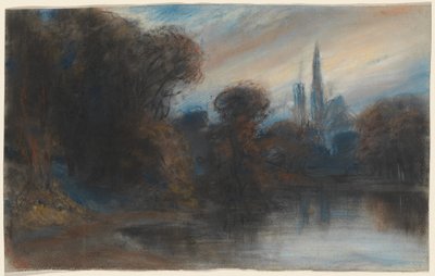 Et kloster ved en skogkledd innsjø ved Twilight av Paul Huet