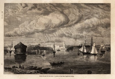 Inngangen til havnen i New York, tegning av Paul Huet (1803-1869), for å illustrere reisene til Nord-Amerika i 1854-1855, av L. Deville. Gravering i “” Le tour du monde”” 1861. Selvas samling. av Paul Huet