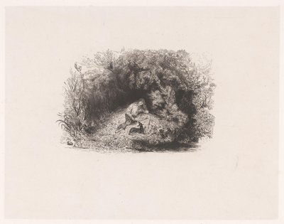 Titteltrykk med lesende mann med hund i en skog Ulike forestillinger av Paul Huet (serietittel) Six Eaux-Fortes (serietittel) av Paul Huet