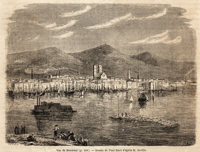 Utsikt over Montreal, tegning av Paul Huet (1803-1869), for å illustrere reisene til Nord-Amerika i 1854-1855, av L. Deville. Gravering i “” Le tour du monde”” 1861. Selvas samling. av Paul Huet