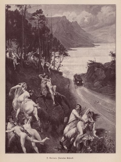 Satyrer og nymfer skremt av en bil (gravering) av Paul Jean Gervais